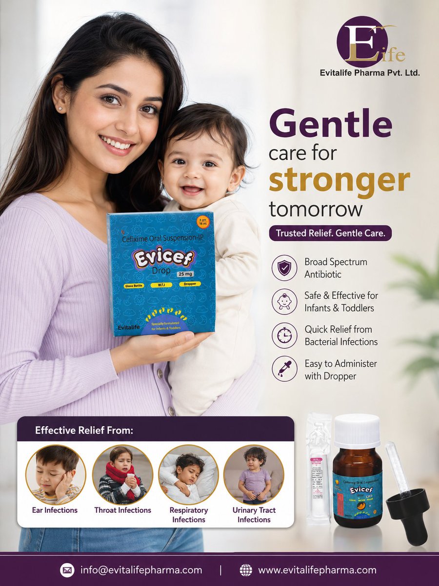 Evitalife25's tweet photo. Evicef Drop 25 mg – Gentle Protection for Little Ones
Prescription:
Should be used only under the supervision of a registered medical practitioner.
#drop #pediatriccare #cefixime #evitalifepharma #pcd https://t.co/hxfjU7zjvx
