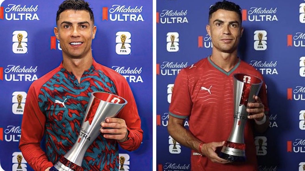 piersmorgan's tweet photo. ‘Washed-up hasbeen’ Ronaldo’s World Cup so far: 
• 3 goals.
• 2 Man of the Match awards.  
• Only player to score in 6 different WCs. 
• Oldest player to score in WC KO stage. 
Delicious to see the 🐐@Cristiano make his critics eat their bitter words yet again. 👌 https://t.co/TVEmOTkOMD