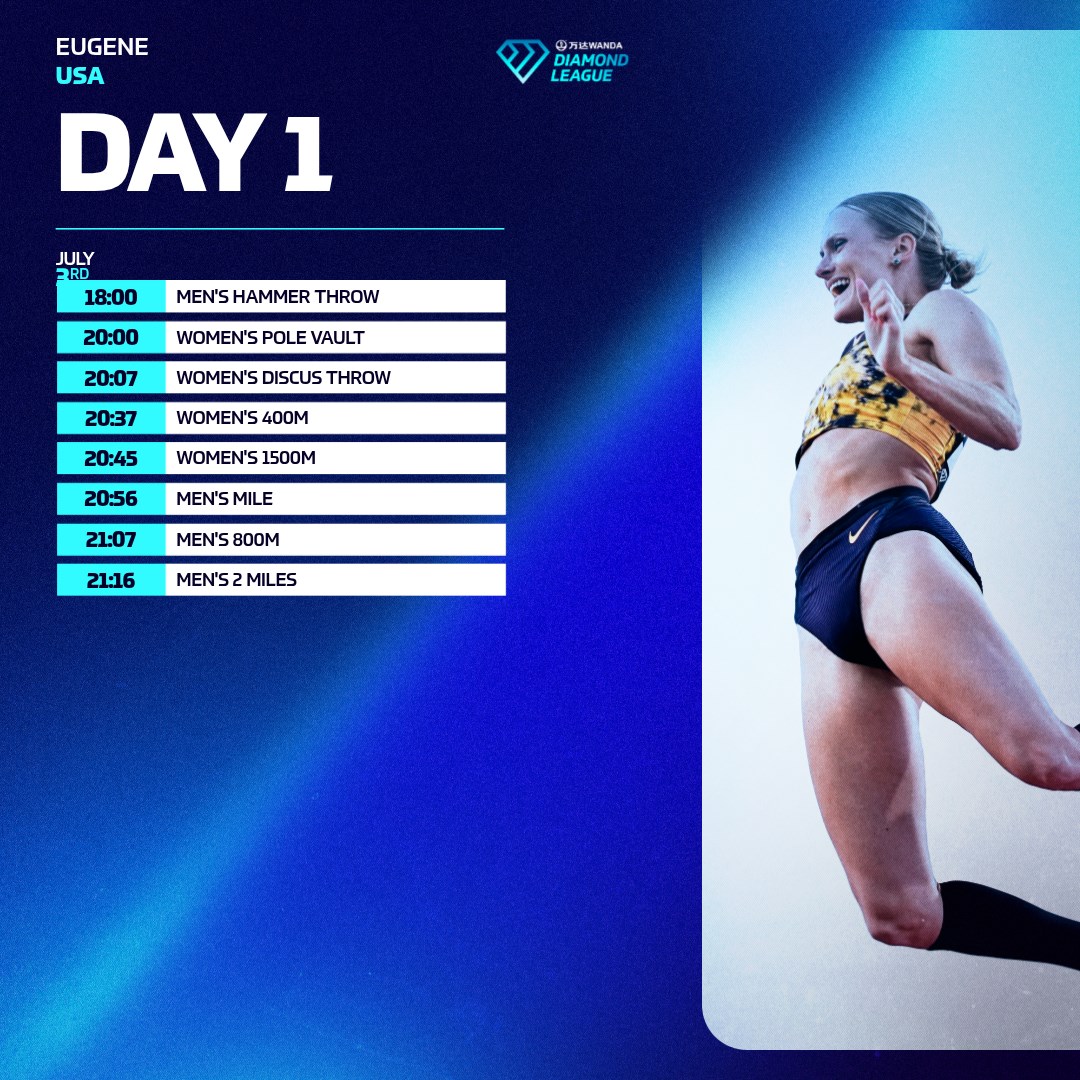 WorldAthletics's tweet photo. WELCOME TO TRACKTOWN USA 🌲

The #DiamondLeague returns to the iconic @nikepreclassic for two days of world-class action in Eugene, with the biggest stars set to light up Hayward Field on 3 and 4 July 🔥

Swipe for everything you need to know before the action begins 📲 https://t.co/A324m4NI4Q