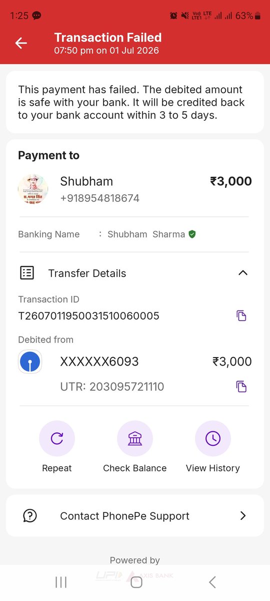 nitin1246's tweet photo. @PhonePeSupport hello, plz help me in this payment, payment failed ,but money deducted from my account, and still not recieved in my account https://t.co/SxOXJDrfWZ