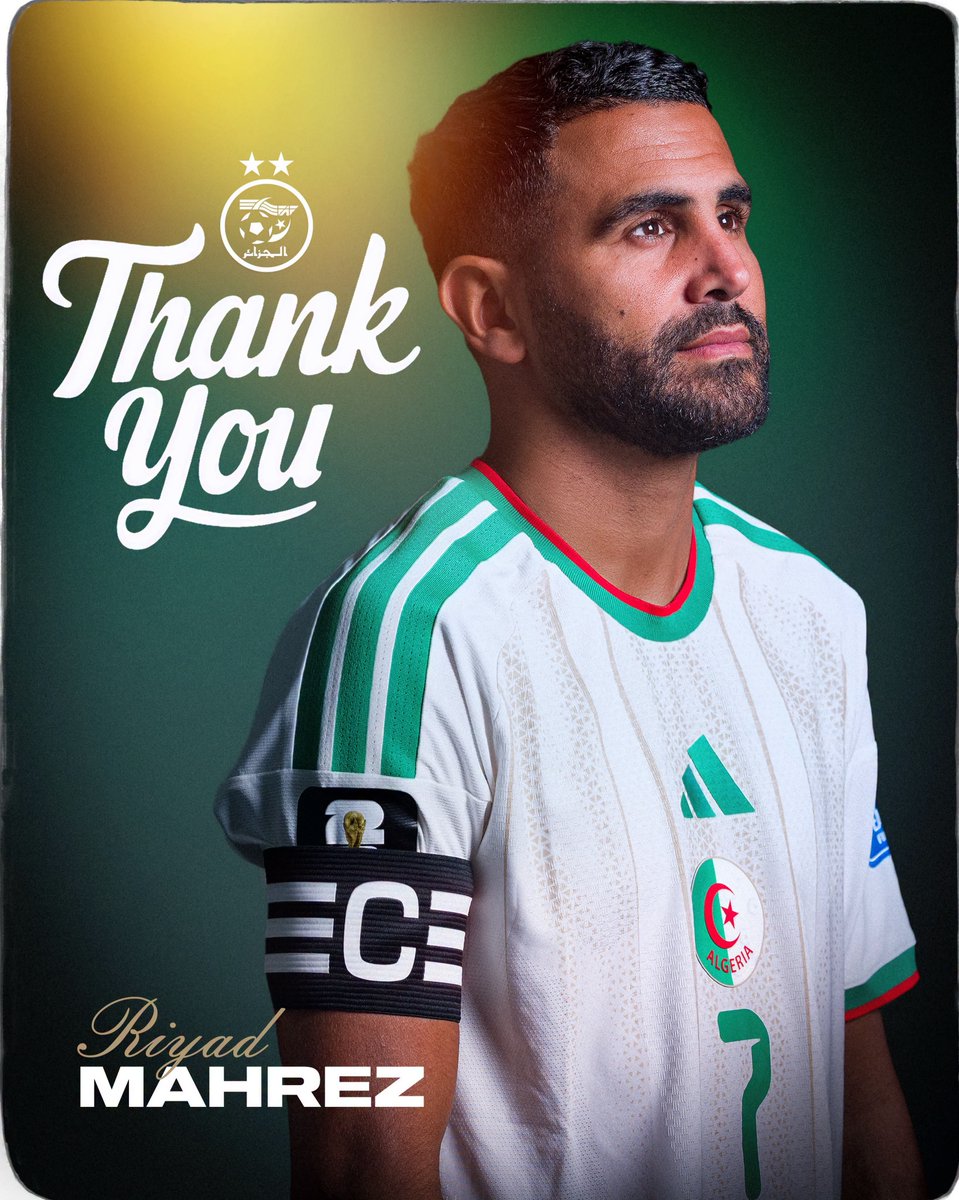 medjahed2016's tweet photo. قائد المنتخب الوطني، رياض محرز، يعلن اعتزاله اللعب دولياً . شكرا جزيلا رياض محرز على كل ما قدمته طوال مسيرتك الكروية الرائعة و المتميزة في الفريق الوطني. 
THANK YOU, EL CAPITANO
Forever a Legend 🇩🇿 https://t.co/QcmhUFPbZx