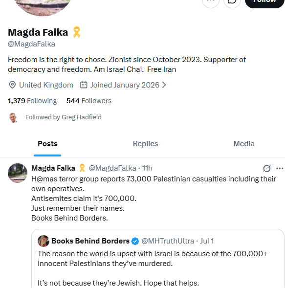 illi4141's tweet photo. @MagdaFalka @_i0n @TonyGreenstein @TheGreenParty Great, ask us more.
Also, if 'you' wanted to spread awareness of the need to ignore you, you couldn't be doing a better job,
#childkiller @IDF & @MOSSADil agent / bot. https://t.co/yOYiUSQea6