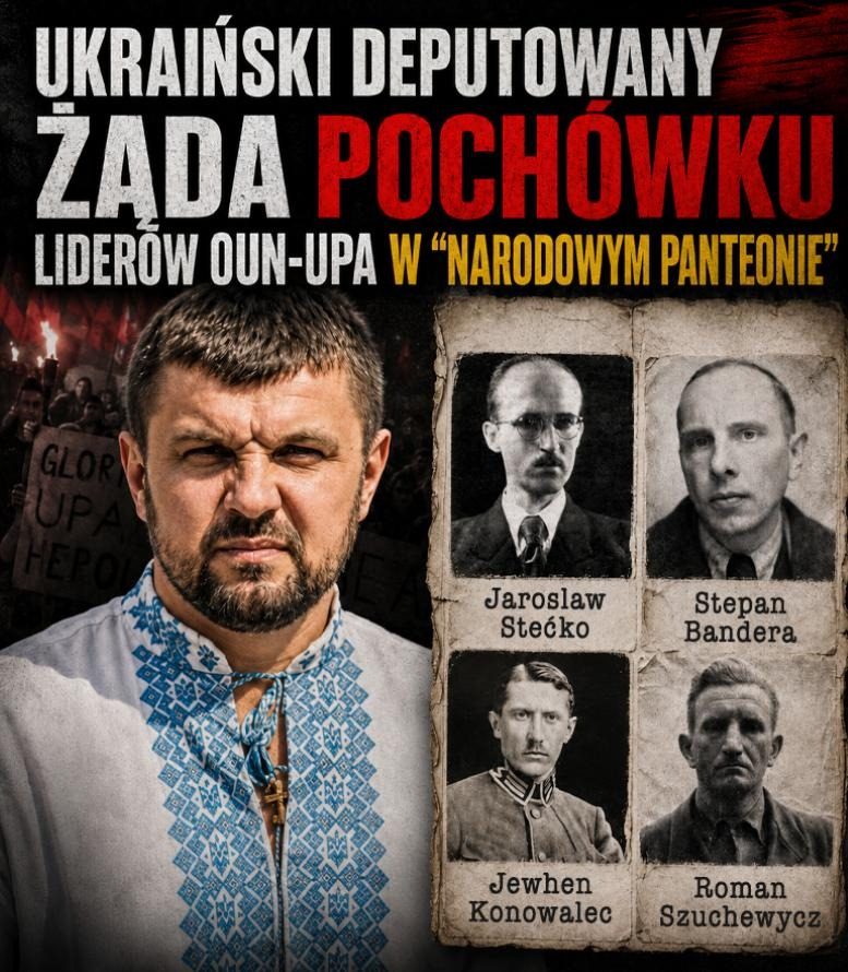 PUsiadek's tweet photo. Deputowany Rady Najwyższej Ukrainy żąda pochówku Bandery i Szuchewycza w "Narodowym Panteonie". Kończy słowami "Sława OUN, Sława UPA"❗

Nie ma już żadnych niedomówień. Ihor Guz, deputowany do ukraińskiego parlamentu, publicznie i wprost wezwał, by w tworzonym właśnie Ukraińskim Panteonie Narodowym pochować przywódców OUN i UPA. Wymienił nazwiska: Konowalec, Bandera, Szuchewycz, Stećko. A swój apel zakończył słowami: "Sława OUN! Sława UPA!".

Przypomnijmy, kogo Guz chce czcić w państwowym panteonie.

-Roman Szuchewycz to dowódca UPA, na którego rozkaz mordowano polskie wsie. To pod jego komendą dochodziło do najkrwawszych epizodów ludobójstwa.

-Stepan Bandera to lider OUN, ideolog ukraińskiego szowinizmu. To jego teorie polityczne zachęciły Ukraińców do mordowania niewinnych.

-Jewhen Konowalec to przedwojenny lider OUN, terrorysta oraz agent Abwhery działający na terenie Polski.

-Jarosław Stećko, również terrorysta aktywny na ziemiach II RP, próbował bezskutecznie zorganizować kolaboracyjny rząd ukraiński we Lwowie, który podlegałby Niemcom.

A wszystko to dzieje się w konkretnym kontekście. 1 lipca ukraiński parlament przyjął ustawę o Panteonie Narodowym. Współautorzy projektu wprost nie wykluczają, że znajdzie się w nim Bandera. To nie luźny pomysł, lecz proces legislacyjny w toku.

Wobec takich faktów polska reakcja musi być twarda i konkretna. Nie kolejne dyplomatyczne wyrazy zaniepokojenia, lecz realne działanie.

Ihor Guz powinien zostać w Polsce persona non grata – nie chcemy tu takich ludzi! ZAKAZ wjazdu do Polski!⁩