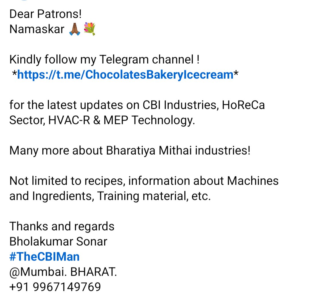 thecbiman's tweet photo. Kindly follow my Telegram channel !
 *https://t.co/ATX3hziQ6g*

for the latest updates on CBI Industries, HoReCa Sector, HVAC-R &amp; MEP Technology.

Many more about Bharatiya Mithai industries!

Not limited to recipes, information about Machines and Ingredients, Training material, https://t.co/VIvdlvm5XH