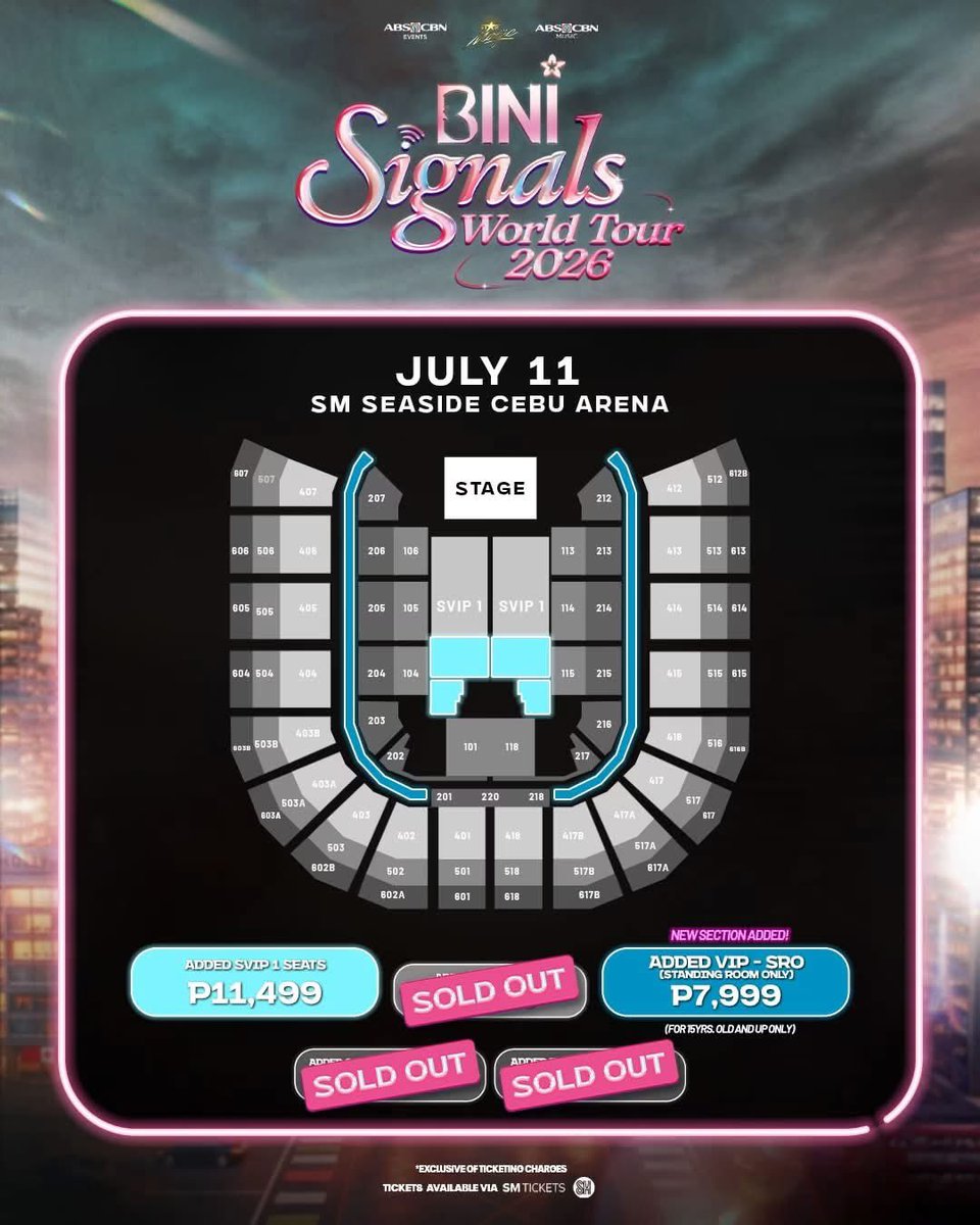 ABSCBNpr's tweet photo. Andam na ba mo, Cebu?📡😍

The signal keeps getting stronger with only a few tickets remaining for BINI Signals World Tour 2026 – CEBU!🙌🏻

🌸 Added SVIP 1 Seats – ₱11,499
🌸 Added VIP SRO – ₱7,999 (Tickets will go on sale tomorrow at 12NN via SM Tickets)

#BINI https://t.co/5QTFqT3GzV