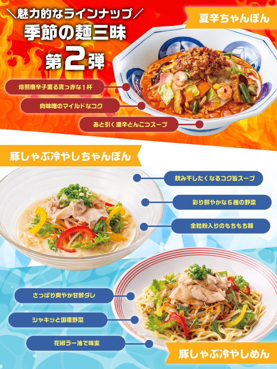 ringerhut_jp's tweet photo. ╭━━━━━━━━━━━━━━━╮
🔥あなたはどっちで夏を楽しむ？❄️
╰━━━━━━━ｖ━━━━━━━╯
リンガーハットの #季節の麺三昧第2弾 🍜

ガツンと旨辛vs ひんやり爽快
今日の気分で選べる、特別な夏の美味しさです✨
🔥辛い派は 👉【 いいね❤️ 】
❄️冷やし派は 👉【 リポスト🔁 】

あなたの「食べたい！」をぜひ教えてください👇