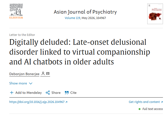 DrDebanjanBane1's tweet photo. Late-onset delusional disorder linked to virtual companionship and AI chatbots in older adults - an emerging neuropsychiatric challenge in the era of artificial intelligence
@PsychiatryAsian @Scopus 

Link in the first reply 👇

#Psychiatry #ArtificialIntelligence #OlderAdults https://t.co/0dXycc6T1H