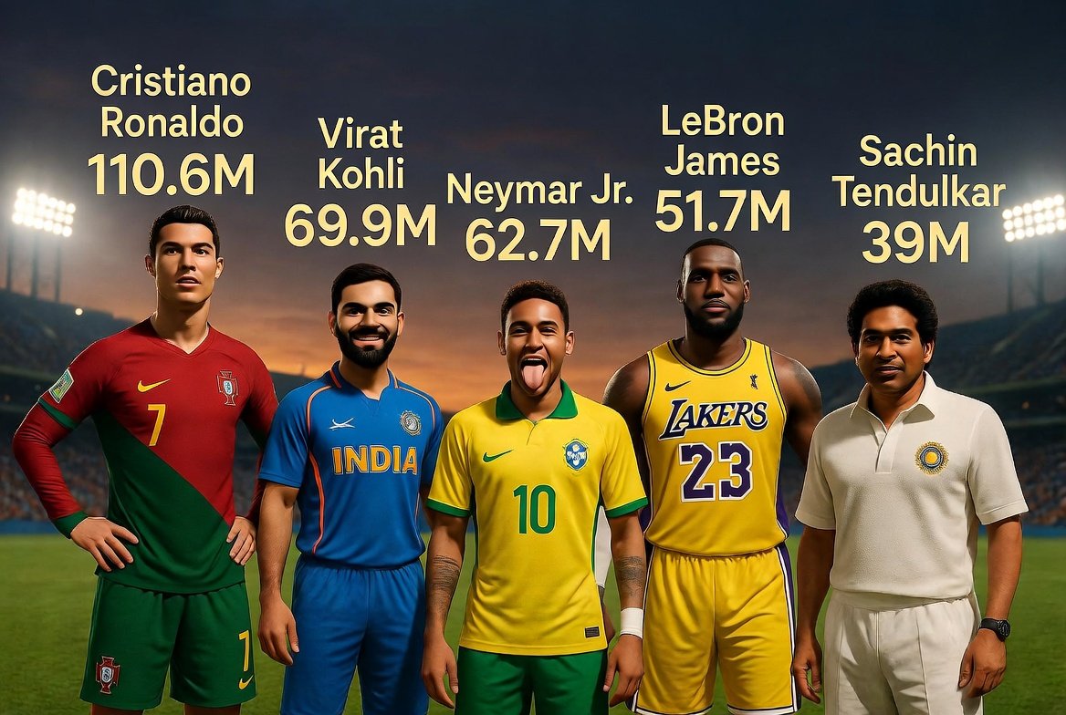 Hailkohli18's tweet photo. Top 5 most followed Athletes on X/Twitter :

Cristiano Ronaldo - 110.6M
Virat Kohli - 69.9M
Neymar Jr - 62.7M
LeBron James - 51.7M
Sachin Tendulkar - 39M https://t.co/WKJQxEsblU