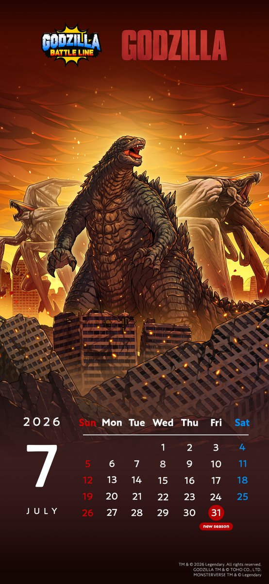 Gz_battleline's tweet photo. 📢Calendar wallpaper featuring commemorative season illustration giveaway!📢

We are giving away a smartphone calendar wallpaper for July that features an illustration commemorating the in-game season.🎁

It is a special, limited-time piece of artwork depicting the following additions from the current season, Godzilla vs. MUTO:
- Godzilla (2014)
- MUTO

Don't miss the intense presence of Godzilla and the two MUTO monsters!🔥

#Gzbattle #Godzilla