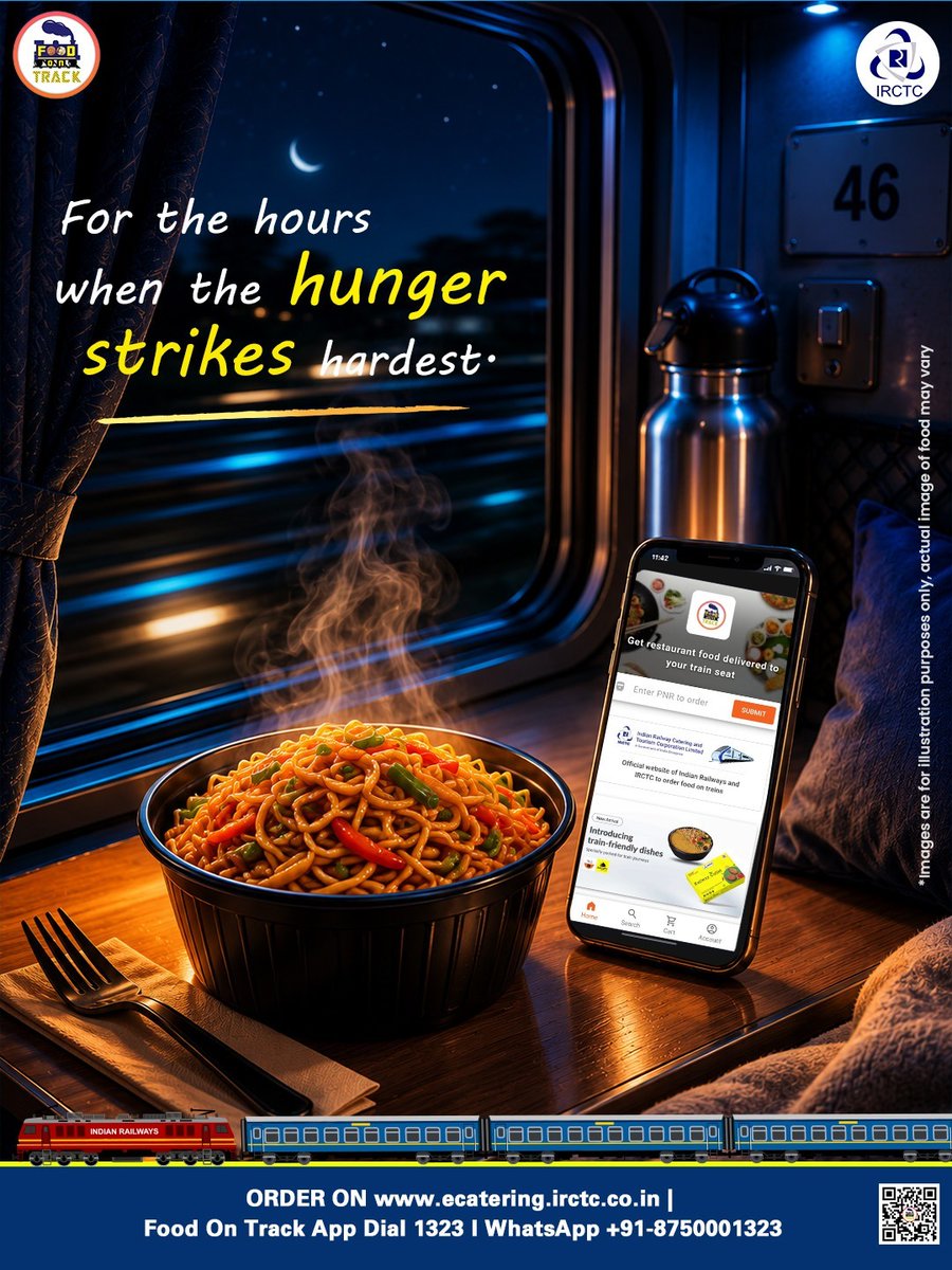 eCateringIRCTC's tweet photo. Long train rides mean unexpected cravings, especially when the world outside falls quiet. Don't rely on empty station platforms in the middle of the night. Plan ahead or order on the move with IRCTC eCatering to ensure fresh, safe, and satisfying restaurant meals are waiting for you at your next scheduled halt. 

Never travel hungry. Download the ‘Food on Track’ app or dial 1323!

🌐 https://t.co/sj0NT7FuMP
📲 Install #FoodOnTrack app
📞 Call 1323
📱 WhatsApp +91-8750001323