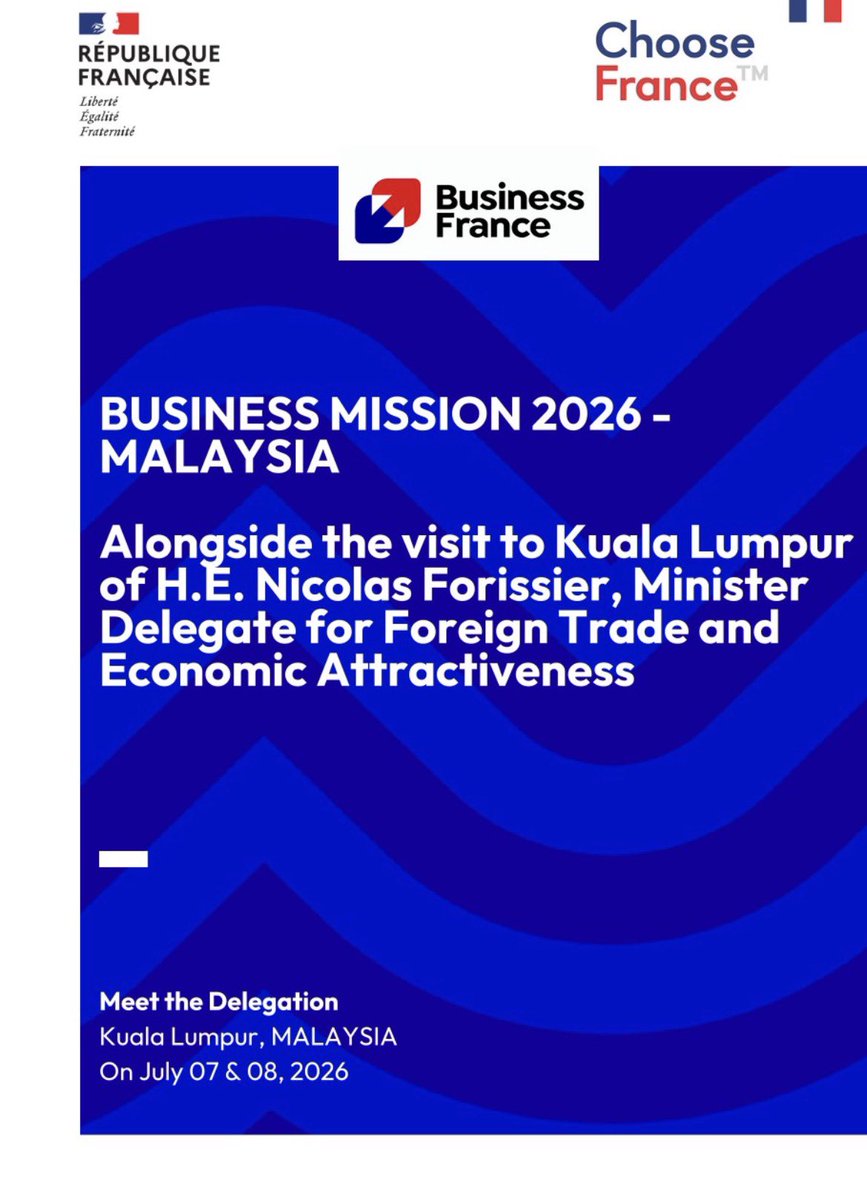 MichelBauza's tweet photo. 📣 une délégation d’Entrepreneurs français sera en Malaisie la semaine prochaine 🇫🇷🤝🇲🇾 à l’occasion de la visite officielle de @N_Forissier 
✅ une mission organisée par @businessfrance avec @FRinMalaysia &amp; partenaires 🙏#TeamFranceExport 
👉 en savoir + https://t.co/Wf7uDr8R7O https://t.co/wo9XXVHWPJ