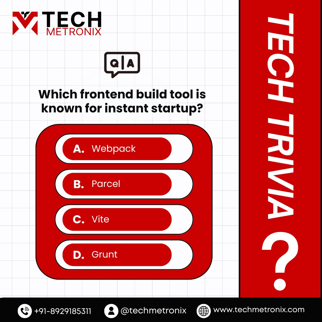 TechMetronix's tweet photo. π€ Tech Trivia Time!
Which frontend build tool is known for its instant startup?
π¬ Drop your answer in the comments and tag a developer who'll know it!
π +91-8929185311
π https://t.co/moiktf1vl0
#TechTrivia #FrontendDevelopment #WebDevelopment #Coding #techmetronix https://t.co/6FxypIYrLN