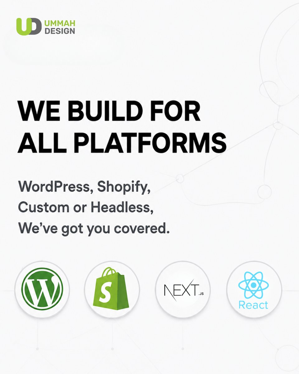 ummahdesign's tweet photo. WordPress? Shopify? Custom? Headless? We've got you covered. 🛠️

We pick the right tech for your goals — not the one we happen to know.

Let's talk 👉

#WordPress #Shopify #React https://t.co/JMkJbKTbiy