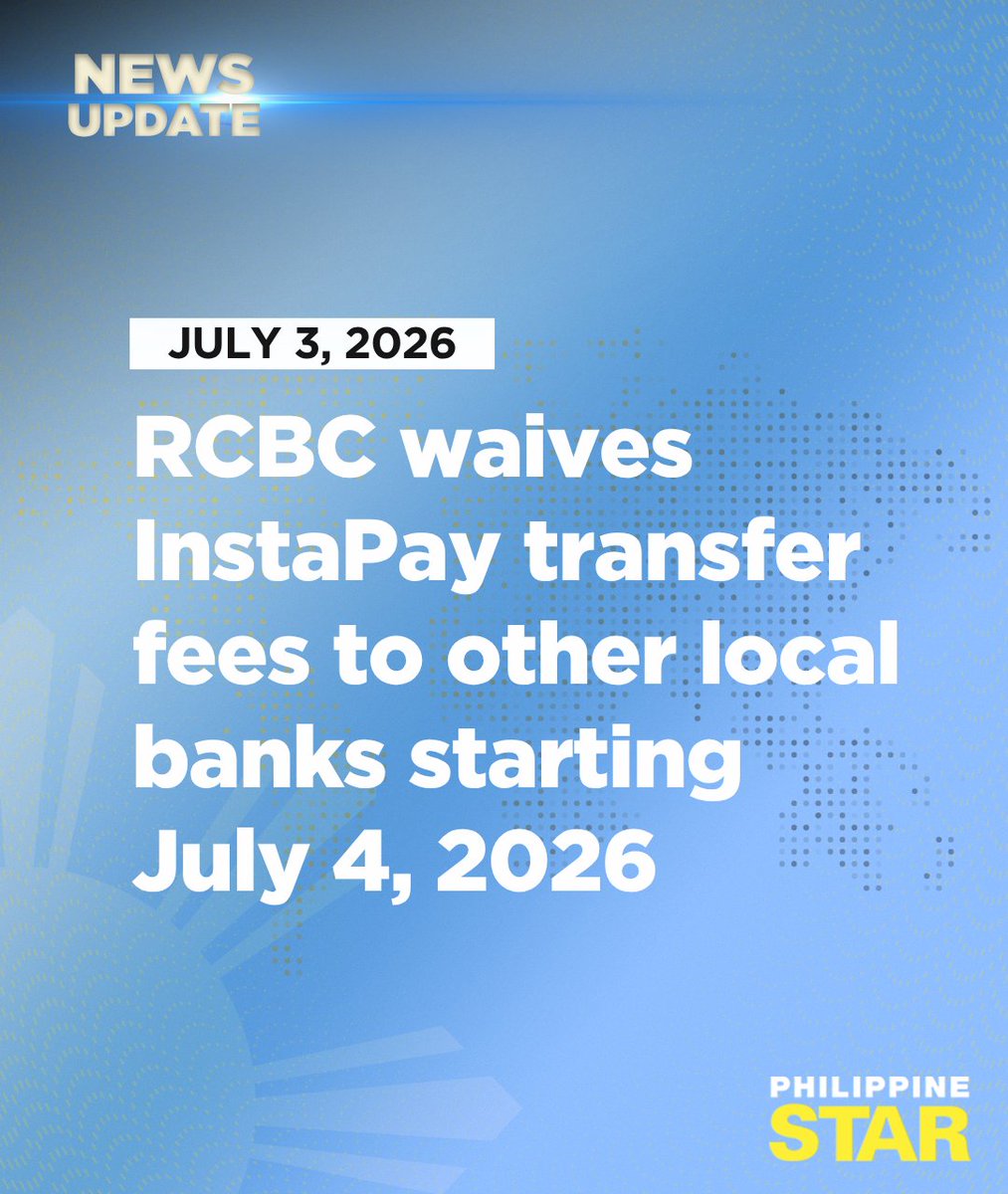 PhilippineStar's tweet photo. BYE, TRANSFER FEES 👋

RCBC has announced that it will waive fees for InstaPay transfers to other local banks, effective tomorrow, July 4, 2026.

In a Facebook post on Friday, the bank clarified that the first 30 InstaPay transfers of at least P100 each month will be free of charge.