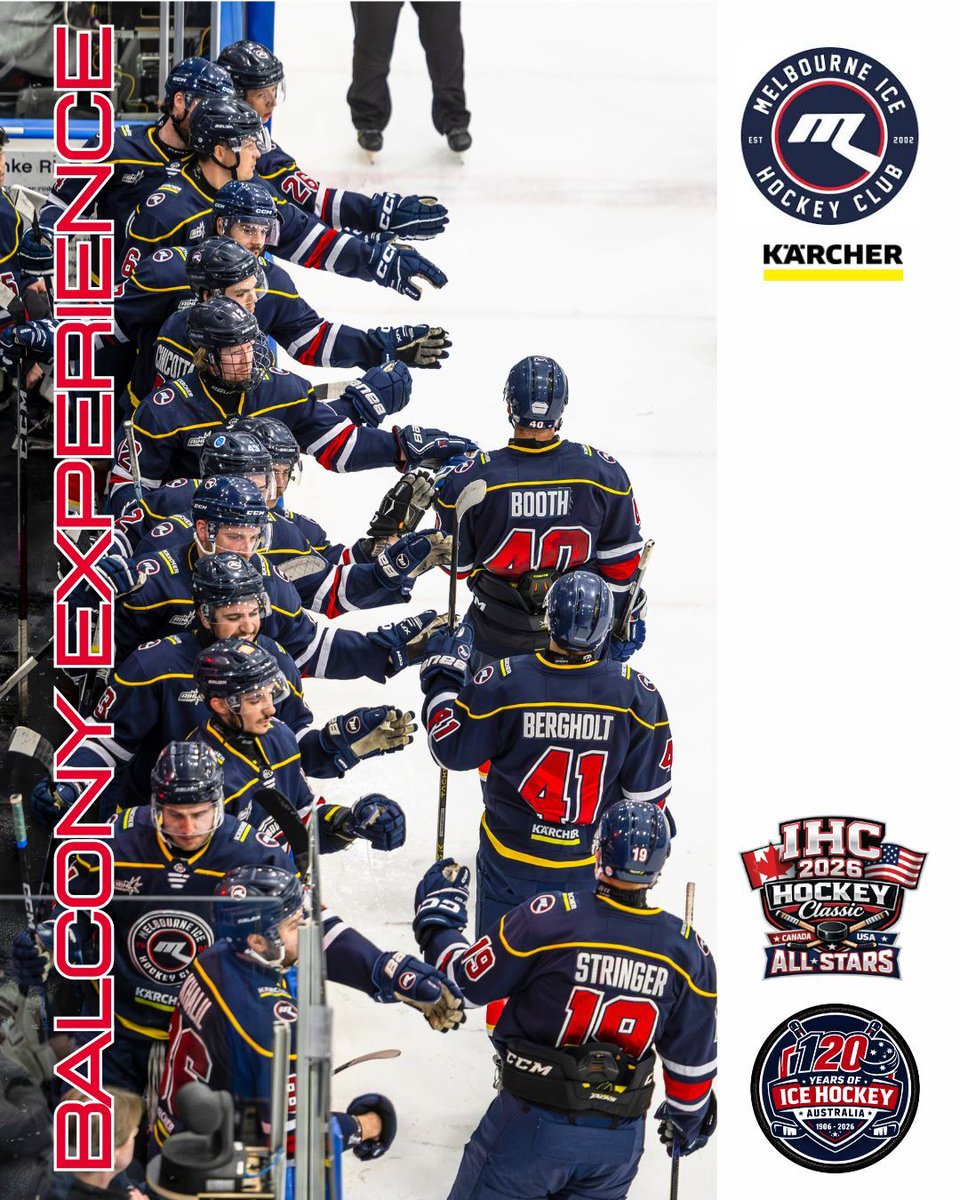 melbourneice's tweet photo. We still have the balcony available for the ICE V HOCKEY CLASSIC ALLSTARS game on Tuesday July 7, 7.00pm.  ~ 6 seats, 2 hour drinks card and the best view of the house. Book Now ~ https://t.co/PYMbBW5l7p https://t.co/5MvvEN5ndW