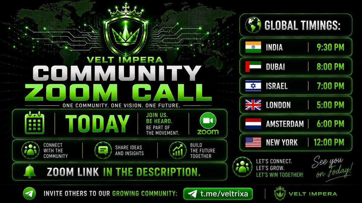 VeltrixaAI's tweet photo. 🚨 We’re LIVE TODAY!

Join the Velt Impera Community Zoom Call 🌍

💬 Connect with the community
🚀 Hear the latest updates
🤝 Share your ideas
📈 Help shape the future

📢 🔗 Join Zoom Meeting:
https://t.co/pmbr6ZDzKL

Join our Telegram:
👉 https://t.co/6BmDzSeIny

#VeltImpera #Crypto #Web3 #Blockchain
