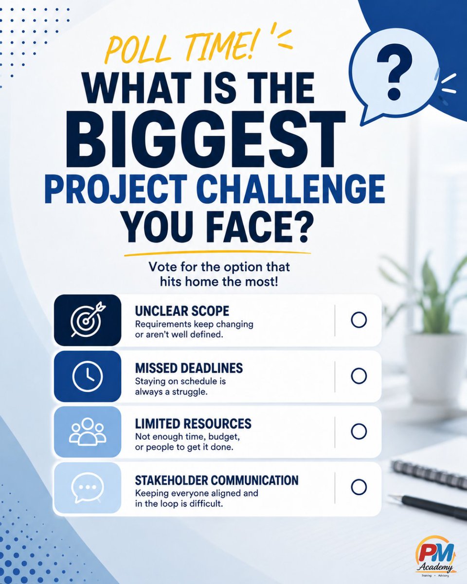 PMAcademy1's tweet photo. Every project has its challenges, but which one affects you most? Vote in the comment and share your experience!
#ProjectManagement #ProjectChallenges #ProjectManagers #Teamwork #Leadership #PMAcademy https://t.co/pdXQt8ddKf
