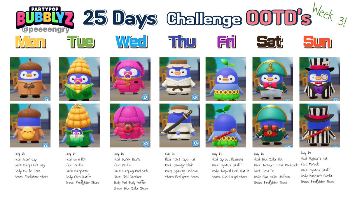 peeeengry's tweet photo. #PartyPopBubblyz25DaysChallenge
Compliation for the costumes I wore this week! 2!!
I can't believe I've reached 19 days! Less than a week left!
I tried to wear some normal game costumes this week. How was it?
See you next week too! https://t.co/gsYRwyIHsQ