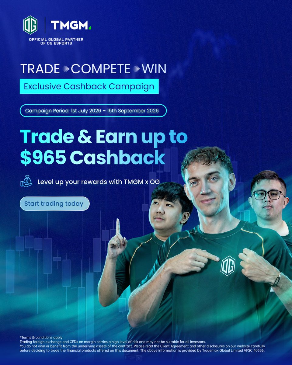 OGesports's tweet photo. Trade. Compete. Win. 🎮📈

Level up your trading with the TMGM × OG Esports Exclusive Cashback Campaign!

💰 Earn up to USD 965 Cashback
🏆Top 3 traders on the leaderboard will win an exclusive OG Esports Signed Jersey (Dota 2)
📅 Campaign Period: 1 July – 15 September 2026

Start trading today and unlock your rewards.