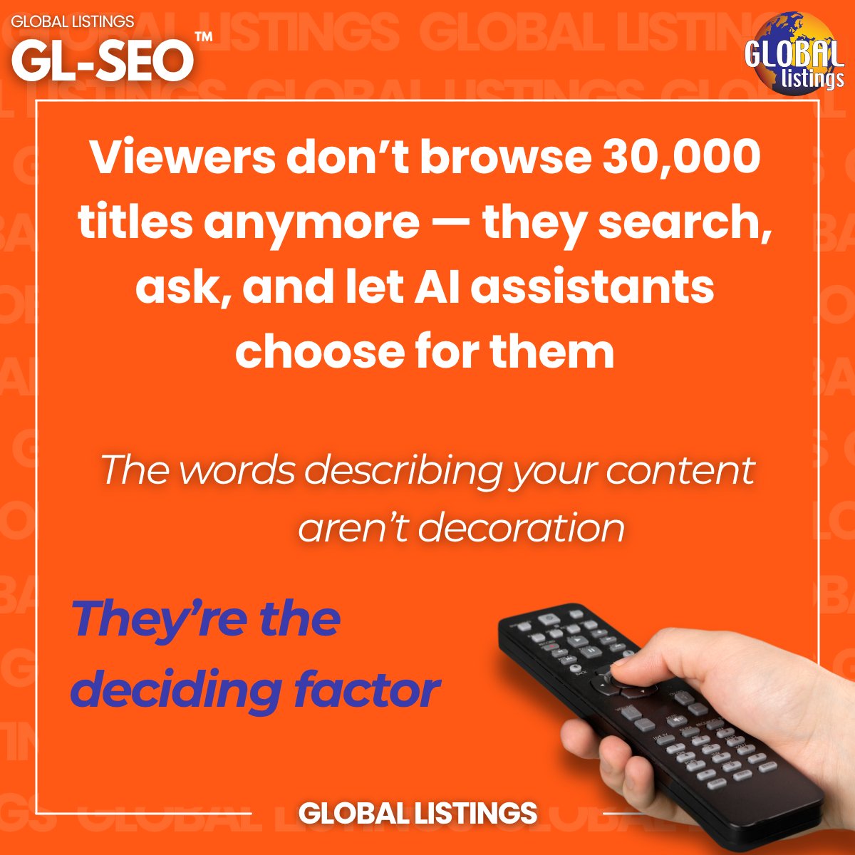 global_listings's tweet photo. Viewers don’t browse 30,000 titles anymore — they search, ask, and let AI assistants choose for them.
The words describing your content aren’t decoration. They’re the deciding factor.
#DecodedByThalia #TheDiscoveryEffect #GLSEO #GlobalListings #ThaliaDroussioti https://t.co/eCzYdVpvfh