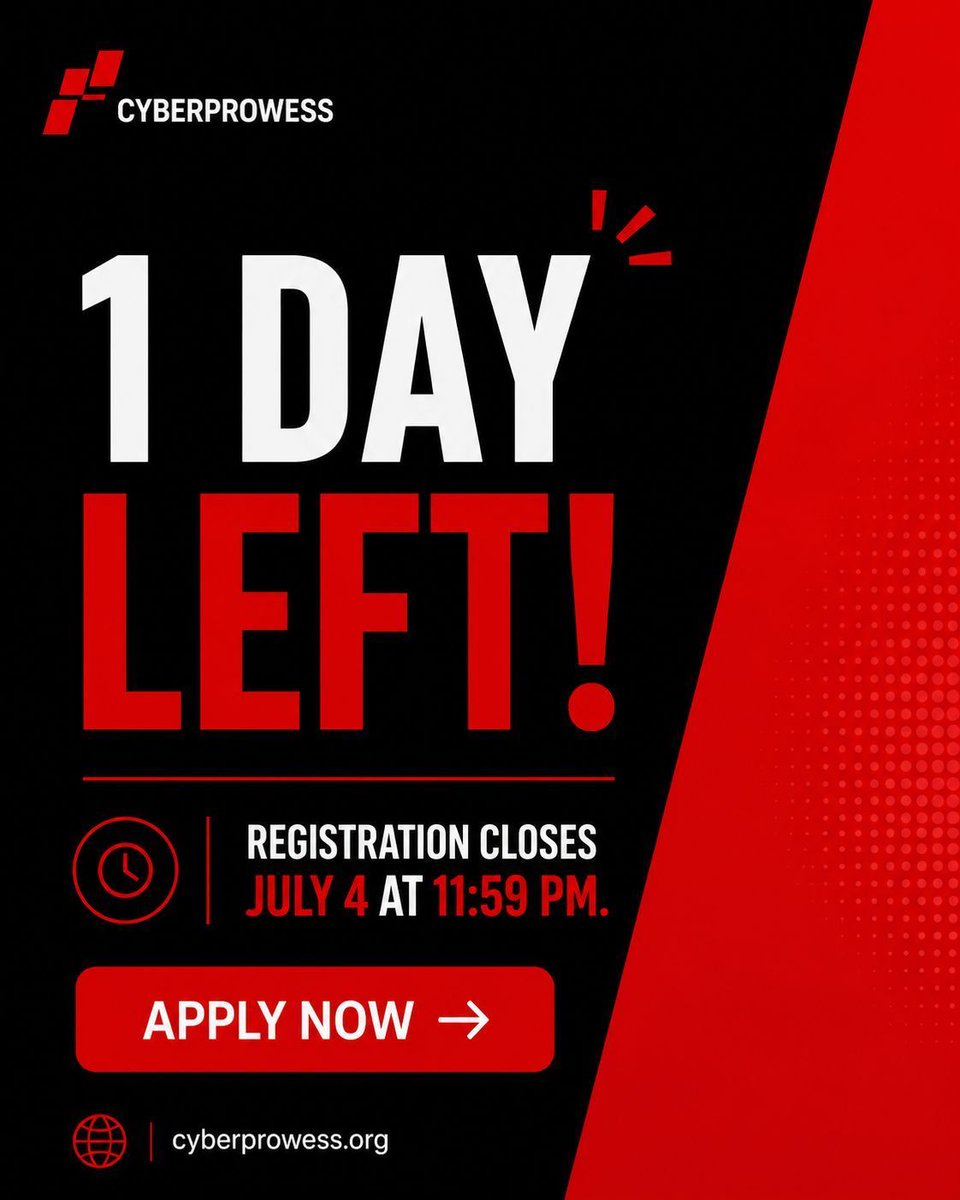 CyberProwess's tweet photo. ๐จ 1 DAY LEFT!
Applications for the CyberProwess Bootcamp close July 4 at 11:59 PM.
Don't miss your opportunity to join Cohort 4 and start building practical cybersecurity skills.
Apply now:
https://t.co/lJ3fO9TA0u
#CyberProwess #CyberSecurity #CyberBootcamp #InfoSec https://t.co/OJPpB93edk