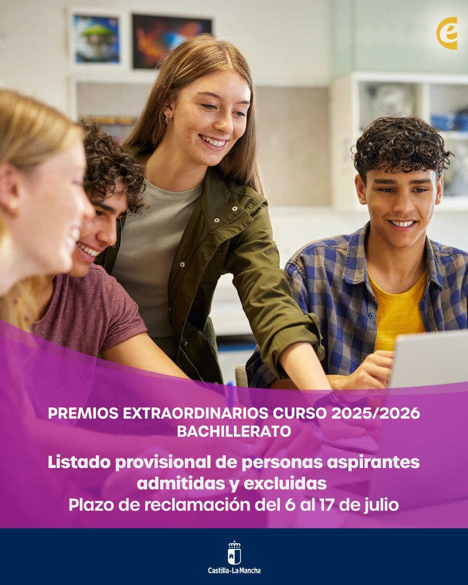 educajccm's tweet photo. 🆕 Listado provisional de personas admitidas y excluidas en los Premios Extraordinarios de Bachillerato #CLM. Curso 2025/2026.

🗓️ Plazo reclamación del 6 al 17 de julio de 2026.

🔗Información y listados: https://t.co/Hp0SFE7Hcb

@gobjccm @amadorpastorn @crfpclm https://t.co/fEKp5MpT8f