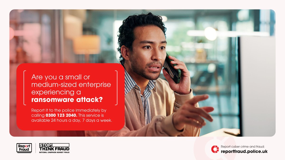 MerPolCyber's tweet photo. ⚠️ Are you a small or medium-sized enterprise (SME) experiencing a #ransomware attack? 

Report it to the police immediately by calling 0300 123 2040. This service is available 24 hours a day, 7 days a week.

Find out more: https://t.co/DzLhLKowIl https://t.co/SZI7sIpYgI