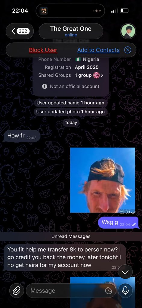 The_greatone86's tweet photo. 🚨 BEWARE OF SCAMMERS 🚨

A notorious impersonator is going around using my name and profile picture to ask my mutuals for money.

PLEASE NOTE: I will NEVER come into your DMs begging or asking you for money.

✅ My official Telegram username: @ SantanDave23

✅ Telegram display name: Roddy Dave

The scammer is using my name and profile picture to deceive people.

Please stay alert, report any fake accounts, and don’t fall for their tricks. These people are harmful to the community and the timeline at large.

I REPEAT: I will NEVER message you privately to ask for money.

And to whoever is behind this, God will judge you.

Please retweet so more people can see this and stay safe. 🙏