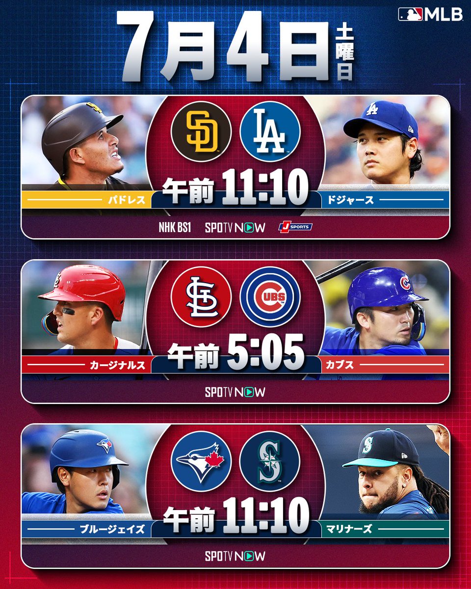 MLBJapan's tweet photo. ／
明日は土曜日！注目ゲームはこちら🙌
＼

🔥 #大谷翔平 が二刀流デーで9勝目を狙う！
投打に渡る活躍でパドレスに連勝なるか？

#試合予告
▶️ NHK、J SPORTS、SPOTVNOWで生中継！お楽しみに！ https://t.co/HfgfRH0t05