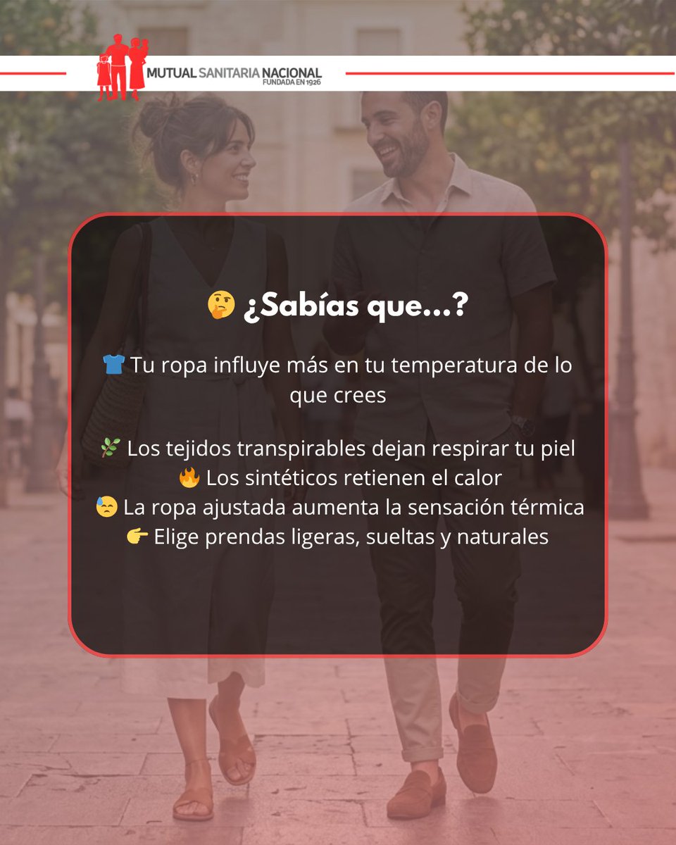 MutualSN's tweet photo. ¿Sabías que lo que te pones en verano afecta cómo te sientes? 🌞 Ropa ajustada y sintética = más calor y sudor. Opta por algodón y lino para que tu piel respire. ¡Elige comodidad! #Verano #Bienestar #mutualsanitarianacional https://t.co/nuJz4IP7ch