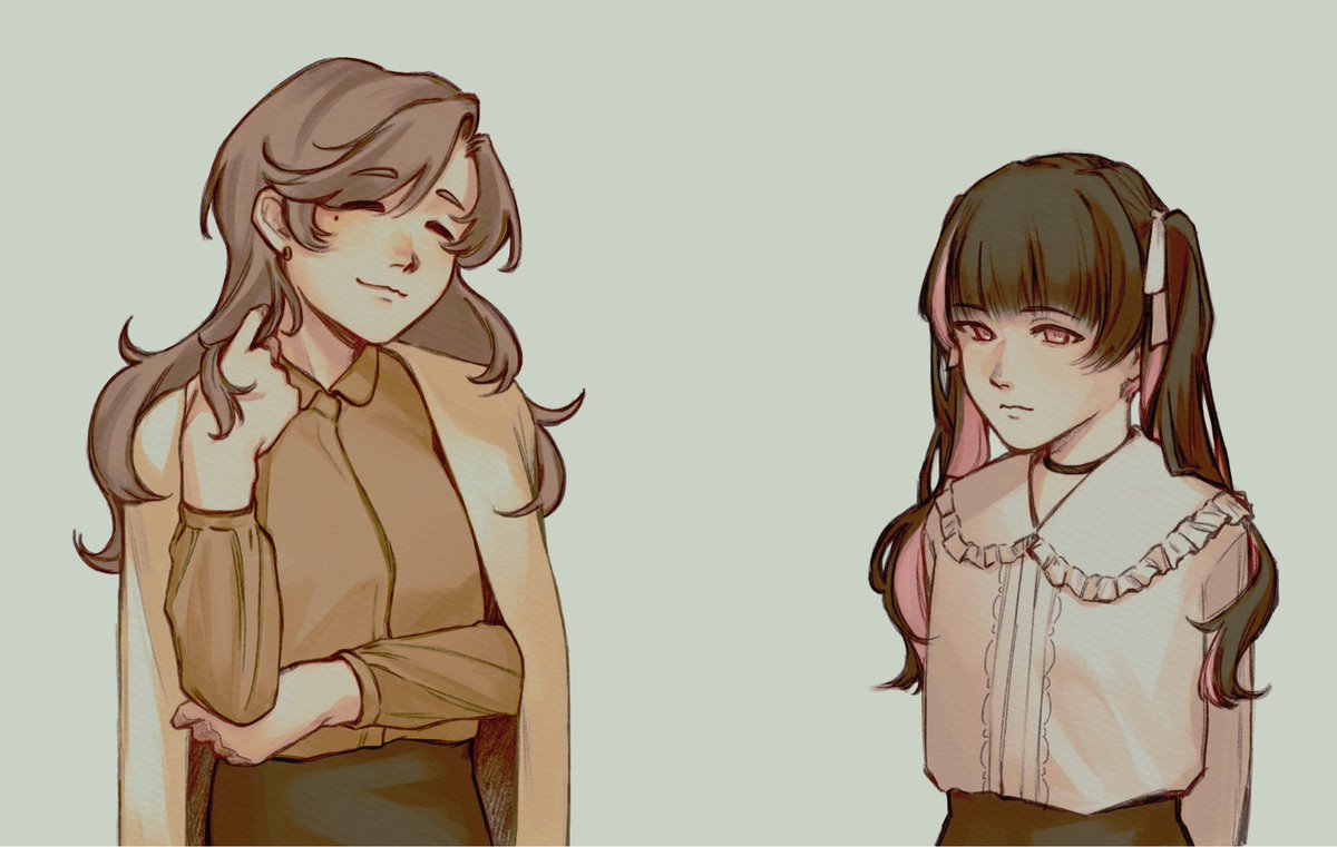 ts_t_'s tweet photo. been having a lot of fun with TTRPGs lately... here are the characters i drew for a CoC session please look at them :]
最近TRPGにハマってます🙌
昨日遊んだシナリオで使った二人見て欲しいです　アイドルちゃんとそのPちゃんです☺️ https://t.co/3ZYIGp6OBk