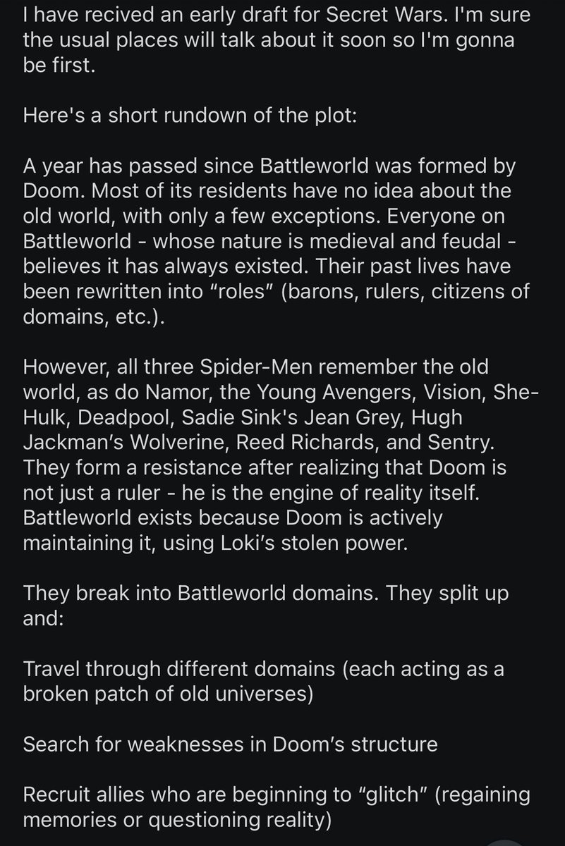 avarlet95's tweet photo. #SecretWars

Oh, I forgot to mention: Doom isn’t killed and returns to the Fantastic Four universe. And the major thing is that when Loki recreates the multiverse at the end, he makes one change - Tony is alive again and back with his family in Earth-616. https://t.co/o1BezMo8LB