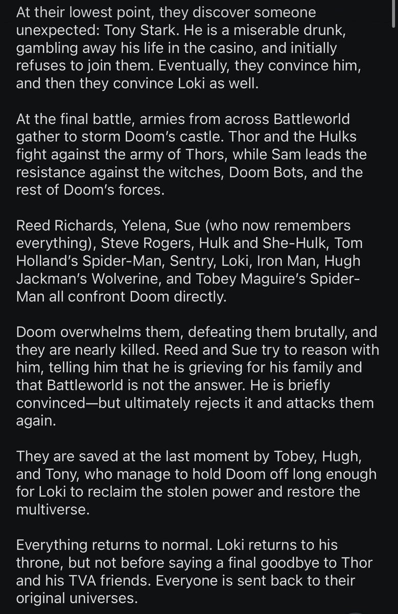 avarlet95's tweet photo. #SecretWars

Oh, I forgot to mention: Doom isn’t killed and returns to the Fantastic Four universe. And the major thing is that when Loki recreates the multiverse at the end, he makes one change - Tony is alive again and back with his family in Earth-616. https://t.co/o1BezMo8LB