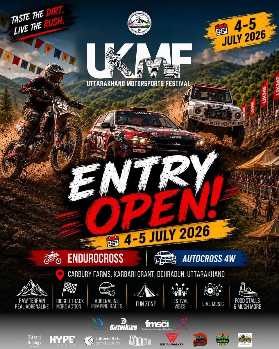 fmsci's tweet photo. 🏁 Entries are NOW OPEN! 🔥
Gear up for the UKMF 2026 – Uttarakhand Motorsports Festival and experience two days of adrenaline, action, and off-road adventure!
📅 4–5 July 2026
#UKMF2026 #EntriesOpen #Endurocross #Autocross #Motorsport #OffRoad #Dehradun #Uttarakhand #FMSCI https://t.co/KWmqdU15pX