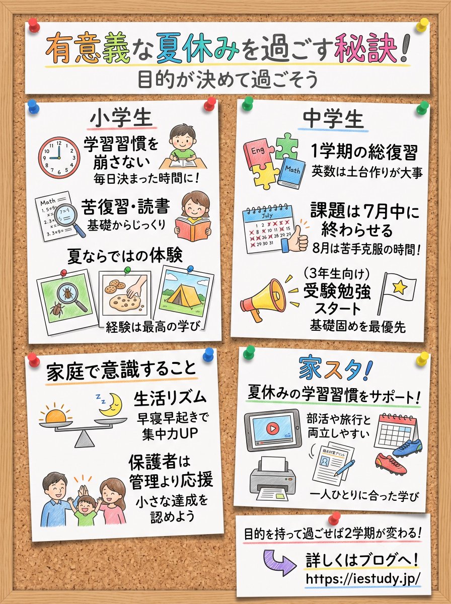 ie_study's tweet photo. 夏休みは約40日。長いようで、実はあっという間です⏳
「何となく」過ごすか「目的を持って」過ごすかで、2学期のスタートが大きく変わります。

小学生と中学生、それぞれやるべきことは違います。続きはブログで📝

#夏休み #小学生 #中学生 #家庭学習 #家スタ https://t.co/XOnJoaBBo6