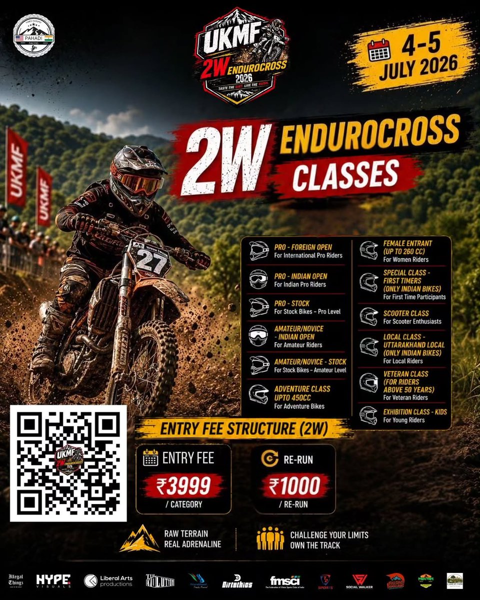 fmsci's tweet photo. 🏁 Entries are NOW OPEN! 🔥
Gear up for the UKMF 2026 – Uttarakhand Motorsports Festival and experience two days of adrenaline, action, and off-road adventure!
📅 4–5 July 2026
#UKMF2026 #EntriesOpen #Endurocross #Autocross #Motorsport #OffRoad #Dehradun #Uttarakhand #FMSCI https://t.co/KWmqdU15pX