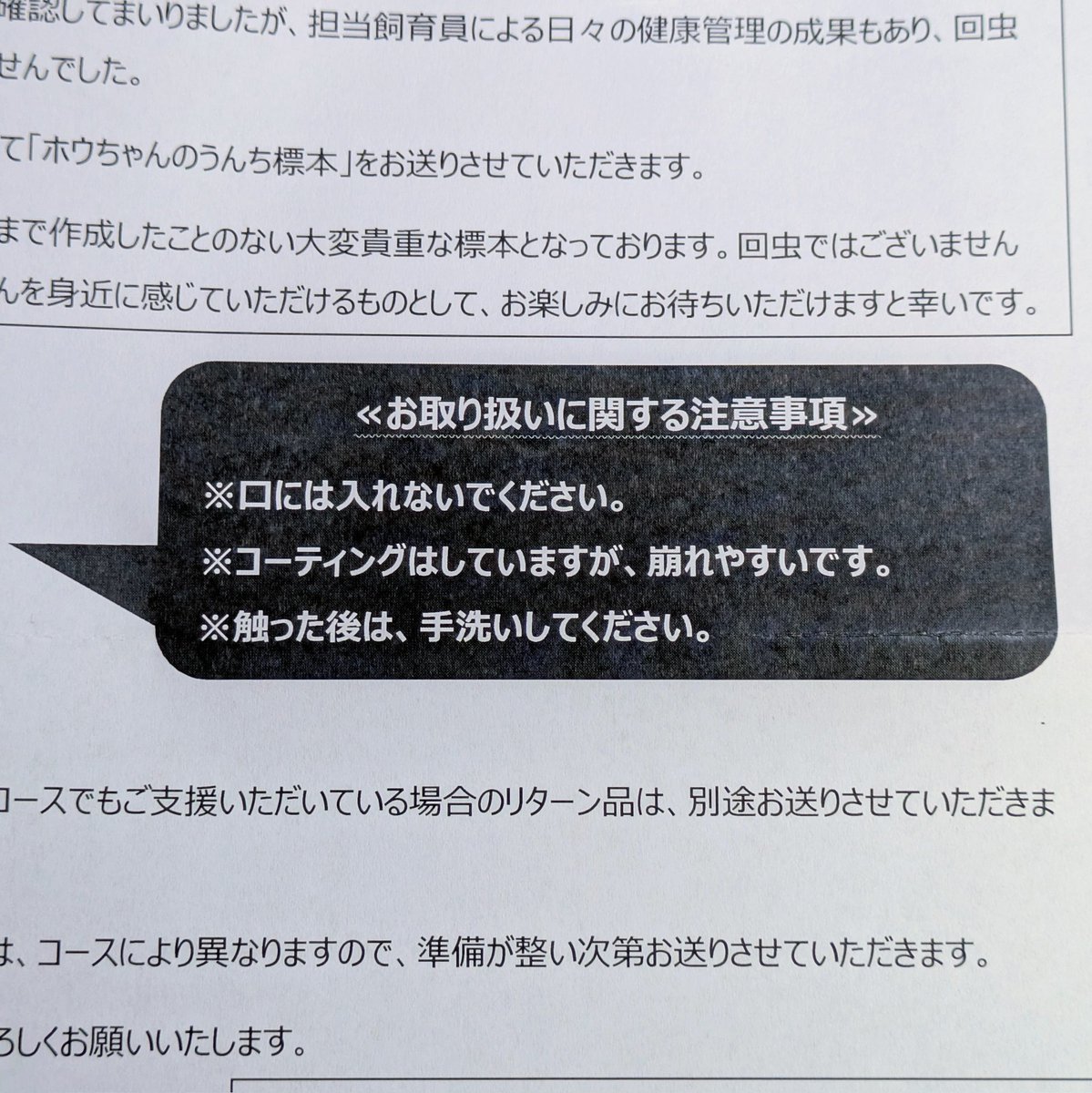 ari_o_s's tweet photo. クラウドファンディング「アムールトラ「ショウヘイ」に、みんなでつくるおもちゃ箱をプレゼント」

リターン品「ホウちゃんの回虫」は健康のため回虫確認できず！代替品「ホウちゃんのうんち標本」が届きました😆

注意事項が笑😄　家ホウにします✨️

#天王寺動物園 #ホウちゃん #ホッキョクグマ https://t.co/A59PaPz5BK