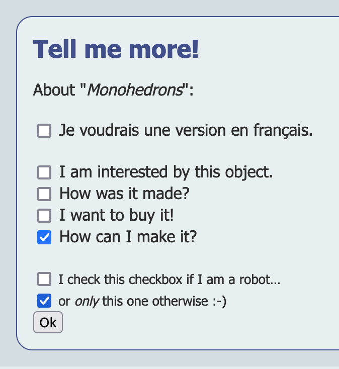 lbarme's tweet photo. Merci au visiteur de mon blog sur mes objets uniques qui, hier à 11:22, a pris le temps de compléter le questionnaire (copie d'écran ci-dessous) pour me faire un retour.

Je n'ai que son adresse IP (géolocalisée en France), d'où ce message (en français), sorte de bouteille à la mer.

Mais c'est noté, lorsque j'aurai le temps de le faire, je complèterai ce poste pour mieux répondre à la question "How can I make it?"