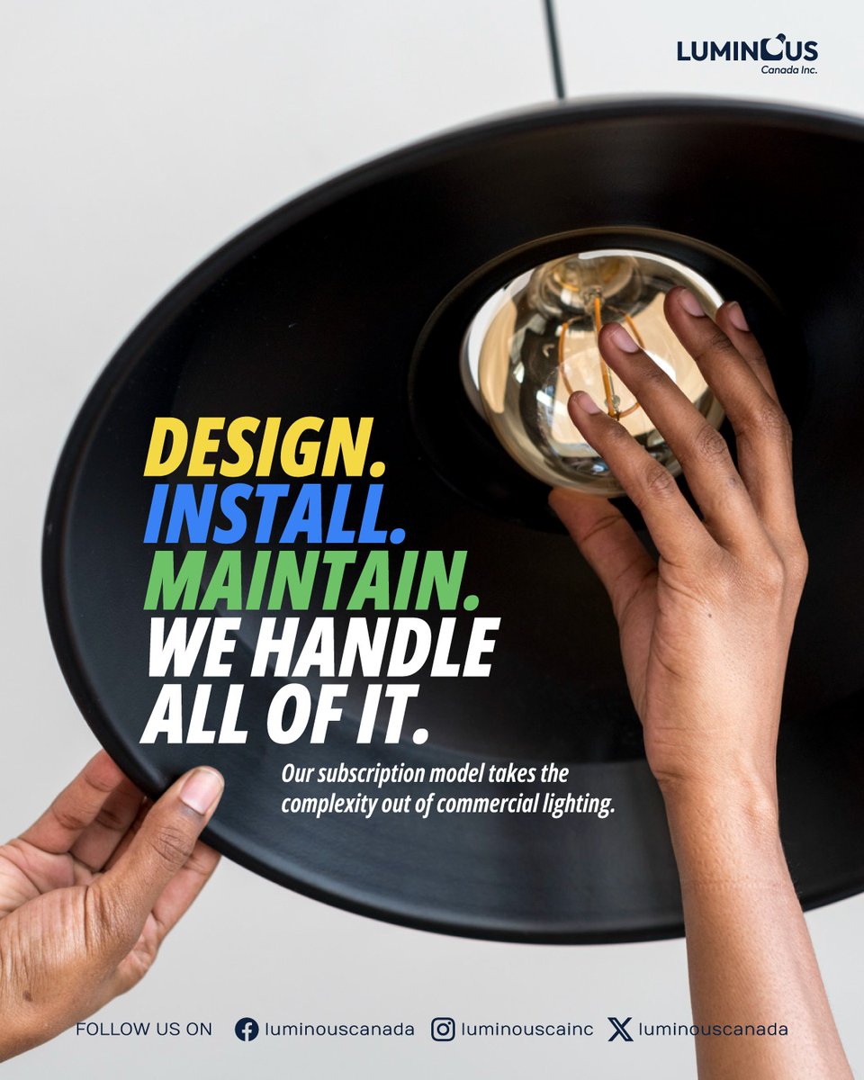 LuminousCanada's tweet photo. Design. Install. Maintain. We handle it all.

Our subscription model simplifies commercial lighting with customized design, installation, and ongoing maintenance.

Built for smarter, more sustainable businesses.

#LightingAsAService #SmartLighting #LuminousLightingCanada https://t.co/6O8QAGOMt9