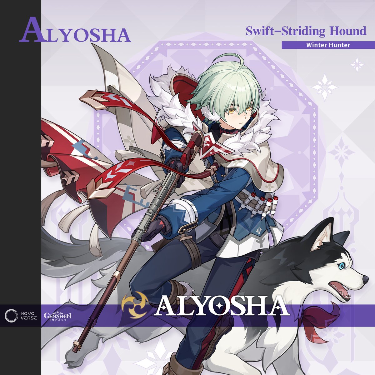 GenshinImpact's tweet photo. Alyosha · Swift-Striding Hound
Winter Hunter
#GenshinImpact #Alyosha 

Ask anyone in Sretomorozsk about Alyosha, and you'll find most folk are more than happy to share a few stories about the lad:
"He's an exceptional hunter. Got a nose as keen as any of his hounds! And he can actually track down rabbits in this miserable weather."
"More than that! If you ever saw him raise that rifle of his, you'd swear he belonged to the Armory Palace."
"Oh, pull the other one! Why on earth would someone from the Armory Palace live all the way out here? Just think of the distance..."
"I'm not making it up! I literally watched him pull someone right out of a monster's clutches. BOOM! Before I could even cover my ears, the beast staggered and crashed to the ground..."
By all accounts, everyone agrees he's a fine lad: earnest, brave, and kindhearted...
But wait. You haven't forgotten how merciless Snezhnaya's snowfields can be, have you?
One walk into the frost is all it takes to understand how precious warmth truly is. The wind is cruel, a file grinding down everything it touches. The boundless snow pours out its unyielding malice upon the world, and worse still, it demands the heat and very lives of the living as payment for crossing it.
If there were any other way, no one would choose to stay in this freezing hell.
But Alyosha steps into the freezing wild time and time again, staking his life to bring home food, and to bring home hope.
He raises his rifle, pointing it at the prey in front of him.
Though his true enemy will always be the bitter frost itself.