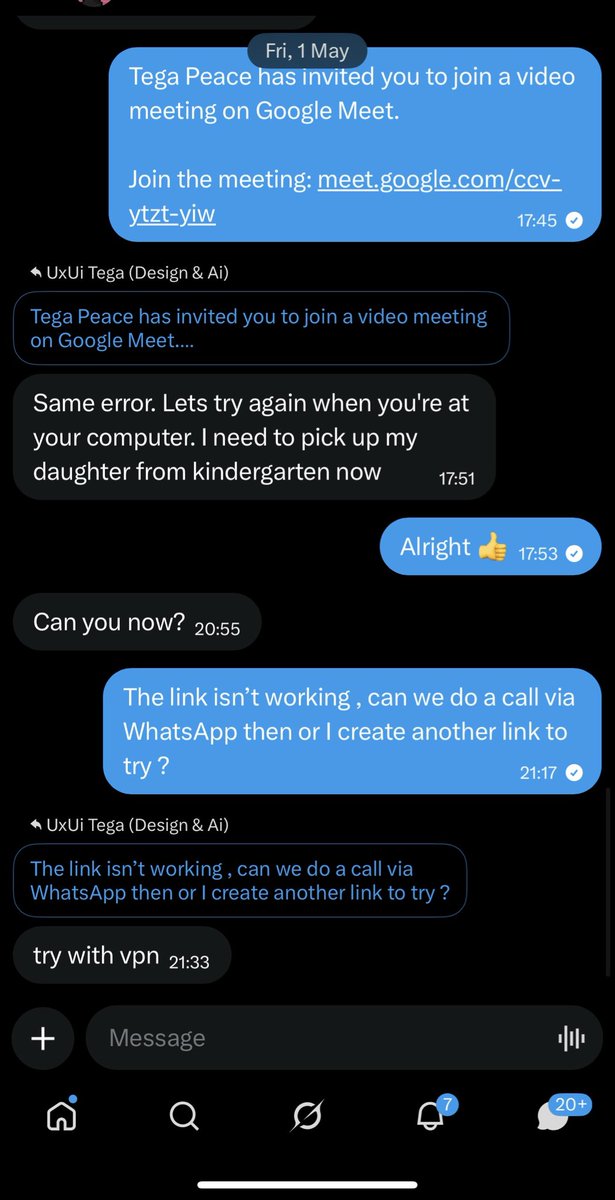Tegadesigns's tweet photo. A few weeks ago, someone reached out to me for a web and mobile app design gig. I told him my rate, $4,000. He agreed immediately. No negotiating, nothing. Looking back, that was the first red flag.

He asked what payment options I accept. I gave him all the options. He said he wanted to pay with crypto. Second red flag, but I still continued.

We agreed to have a meeting. He said he would send a Google Meet link himself.

He sent it. I opened it from my phone. It brought up an error screen saying “Google Meet is not supported on this device” and that I needed a desktop or laptop browser.

So he said I should try joining the meeting with my laptop, and I told him I was away from my laptop and could only try from my phone at that moment. 

That’s when he said he had to go pick up his daughter from daycare, and that we should try again once I was close to my laptop.

Someone who scheduled a meeting with me, suddenly had to leave for daycare. I didn’t think much of it at the time.

When he came back, I told him I tried the link on my laptop and got the same error. But I didn’t do that , I just wanted to hear what he would say .

That’s when he told me to try using a VPN.

Since when do you need a VPN to join a Google Meet call? That’s not normal, that’s not how Google Meet works. That was the moment I knew for sure I was dealing with a scammer.

I checked the actual link he sent me. It was a lookalike domain, made to look exactly like Google Meet, built to steal your Google account the moment you try to log in on a laptop.

Designers, freelancers, agencies, they are targeting us, so be very careful out there while job hunting.

Stay watchful .