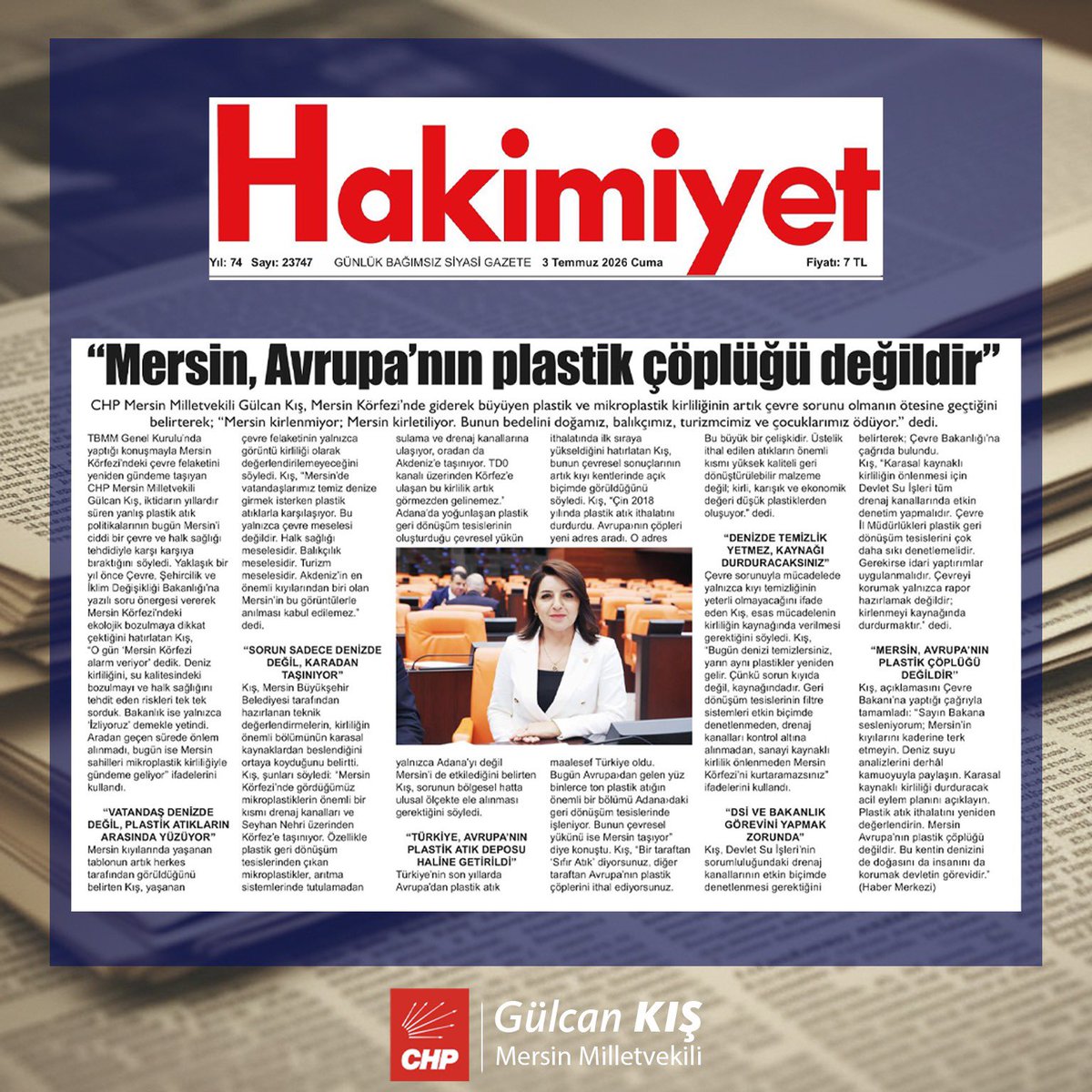 GulcanKis's tweet photo. 📰 BASINDAN

Mersin Körfezi’ni tehdit eden plastik ve mikroplastik kirliliğini TBMM’de gündeme taşıdığımız çağrımız, yerel basında geniş yer buldu.

Mersin, Avrupa’nın plastik çöplüğü değildir! Doğamızı, denizimizi, balıkçımızı ve çocuklarımızın geleceğini korumak için bu çevre felaketinin takipçisi olmaya, sorumluları görevini yapana kadar mücadele etmeye devam edeceğiz.

#basından #mersin #mikroplastik #çevrekirliliği #denizkirliliği