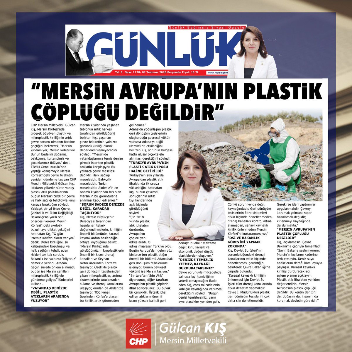GulcanKis's tweet photo. 📰 BASINDAN

Mersin Körfezi’ni tehdit eden plastik ve mikroplastik kirliliğini TBMM’de gündeme taşıdığımız çağrımız, yerel basında geniş yer buldu.

Mersin, Avrupa’nın plastik çöplüğü değildir! Doğamızı, denizimizi, balıkçımızı ve çocuklarımızın geleceğini korumak için bu çevre felaketinin takipçisi olmaya, sorumluları görevini yapana kadar mücadele etmeye devam edeceğiz.

#basından #mersin #mikroplastik #çevrekirliliği #denizkirliliği