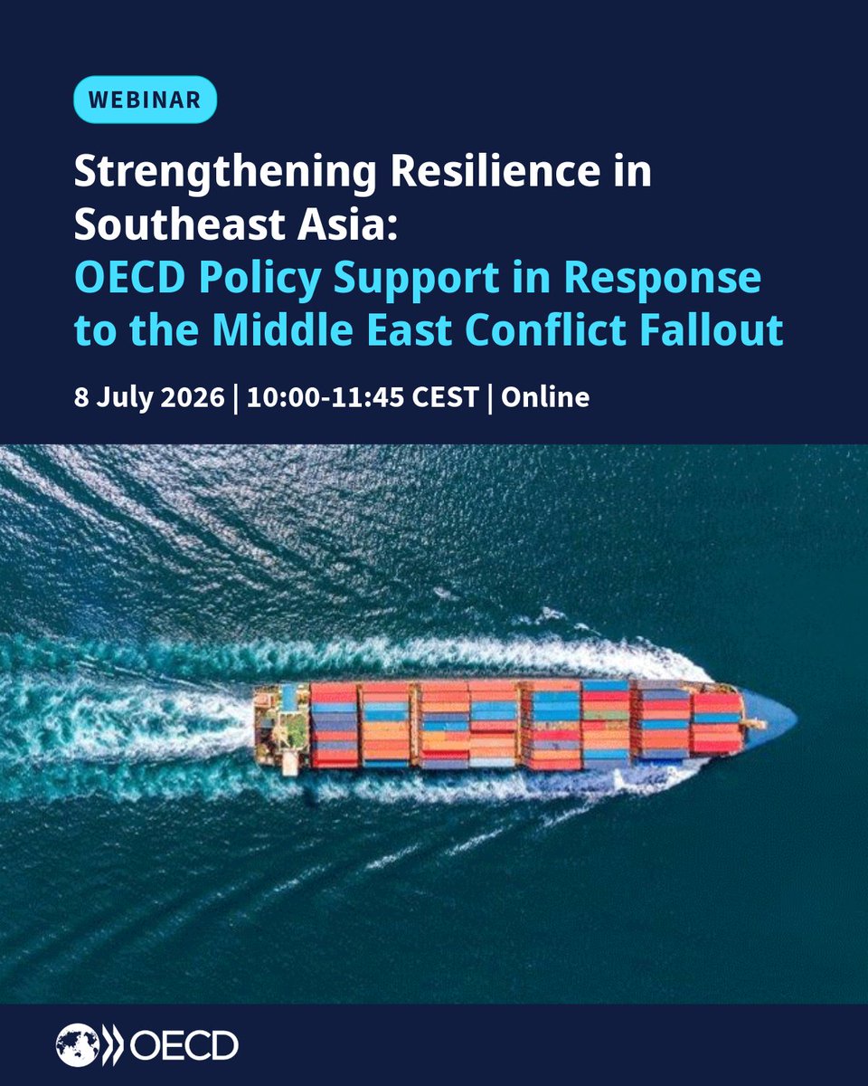 OECDglobal's tweet photo. 🔴 How is the Middle East conflict affecting trade, energy and supply chains in Southeast Asia?

Join our #webinar on 8 July 2026 at 10:00 Paris Time to explore the economic and geopolitical spillovers and how the @OECD is supporting the region.

Register➡️https://t.co/HsnrxzGuSl https://t.co/ewspfWq2Zk
