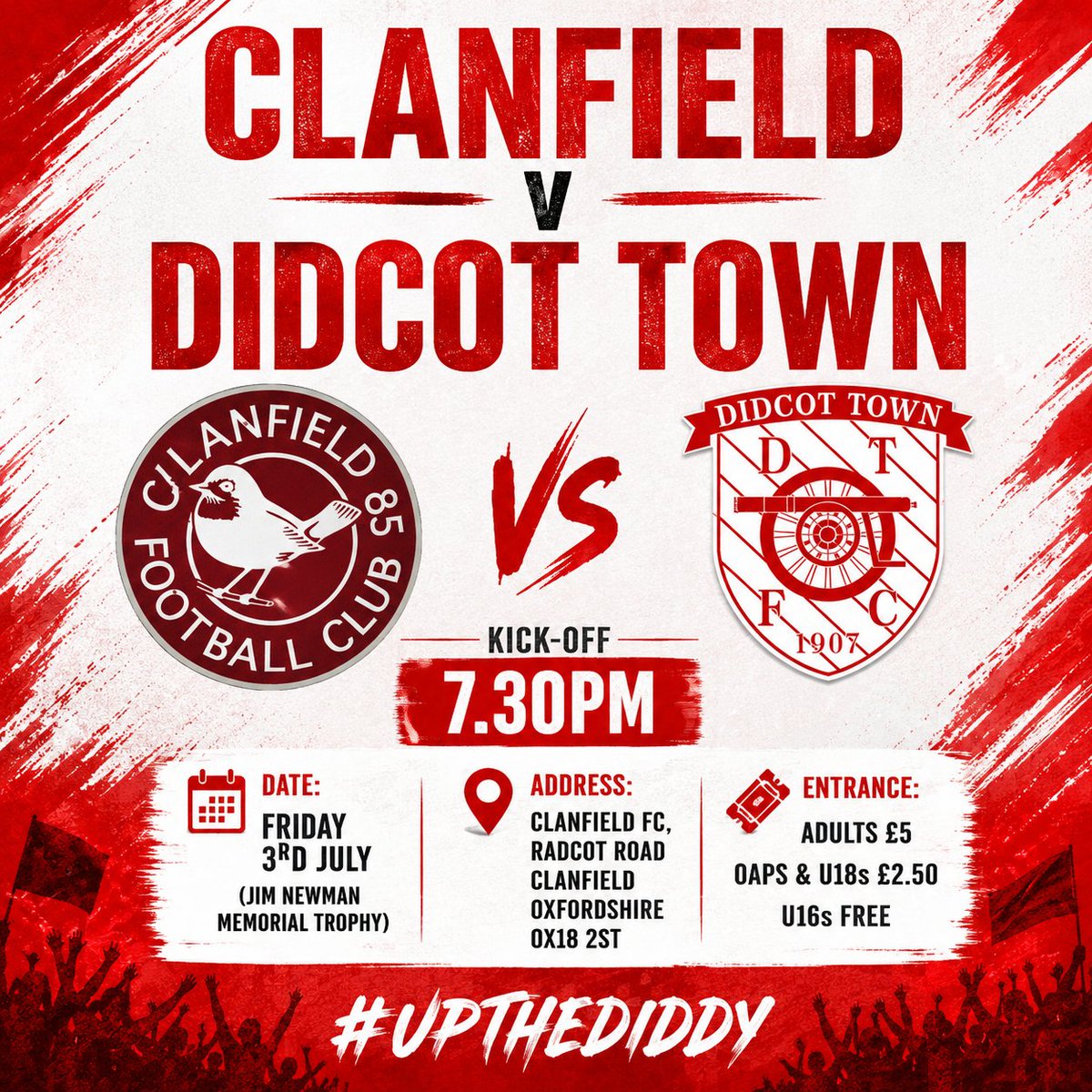 DidcotTownFC's tweet photo. 🔴⚪️TONIGHT!⚪️🔴

Didcot Town Reserves travel to Clanfield 85 this evening for their first game together. 

The reserves have Clanfield in the Jim Newman Memorial Trophy. 

The winners will return to Clanfield on Tuesday evening for a semi-final clash. 

Fixture:
Clanfield v Didcot Town

Kick-off
7.30pm

Date:
Friday 3rd July
(Jim Newman Memorial Trophy)

Address:
Clanfield FC, Radcot Road
Clanfield
Oxfordshire
OX18 2ST

Entrance:
Adults £5, OAPs & U18s £2.50, U16s Free