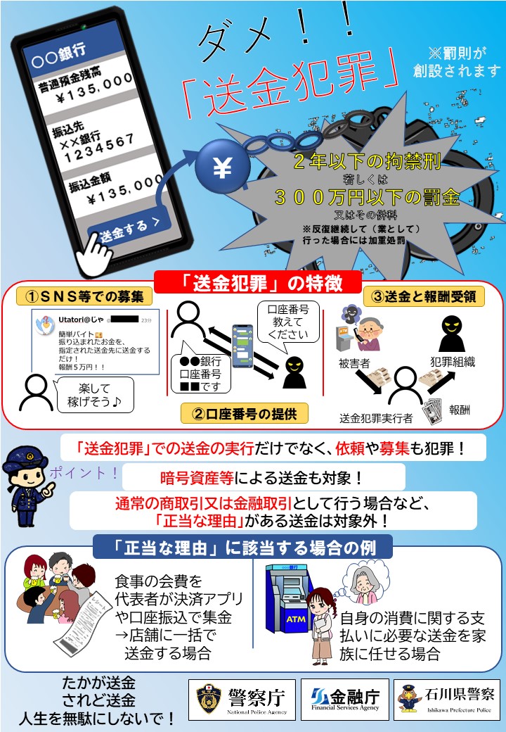 IP_kouhou's tweet photo. 【送金犯罪に関する罰則の創設】
犯罪収益移転防止法の一部改正により、令和８年７月１０日から送金犯罪に関する罰則が創設されます！正当な理由がなく、有償で、あなたの口座等に振り込まれたお金を指定された口座等に送金する行為は犯罪になります！
＃送金犯罪 https://t.co/utUo8Y9FKE