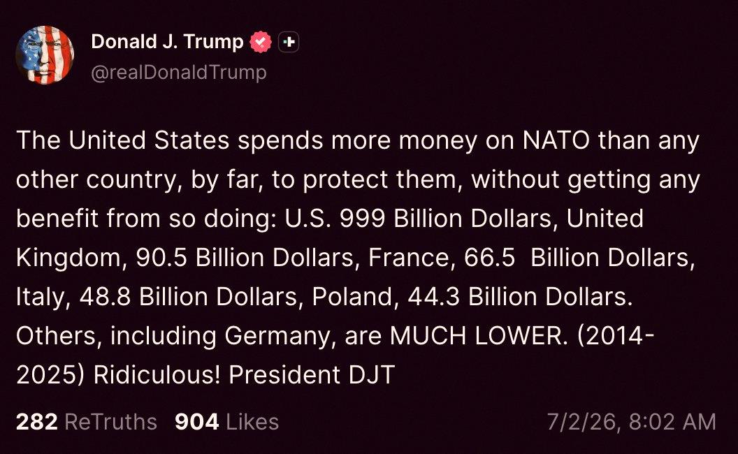 Jacob_D42's tweet photo. Big news: Trump just said the US pays more for NATO than anyone else, and gets nothing in return for it. https://t.co/O5Dz2m3BNA