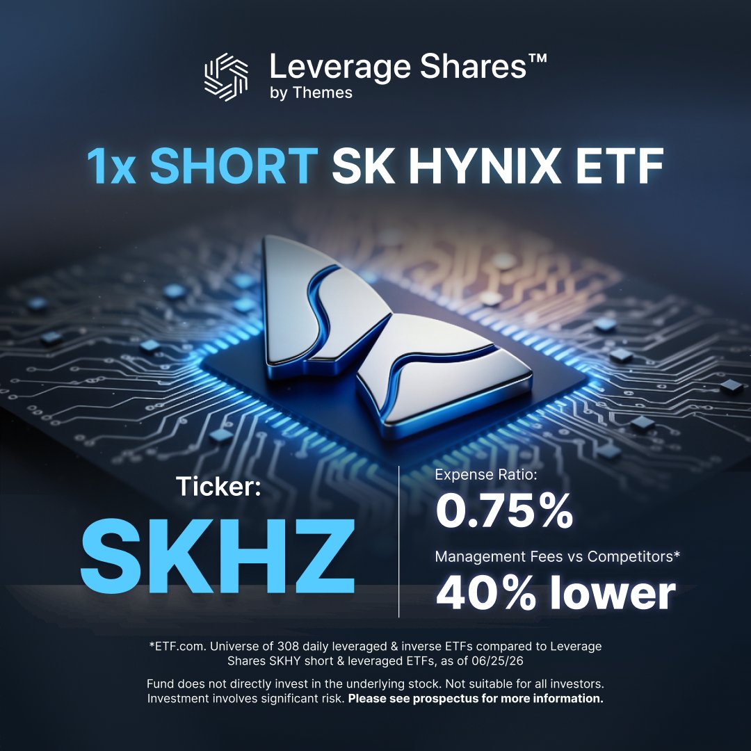 LeverageETFs's tweet photo. Coming soon: 2x Long &amp; 1x Short SK Hynix Daily ETFs.

➡️ SKHX: 2x the daily move
➡️ SKHZ: -1x the daily move

Trade the memory cycle from either side.

Both at 0.75%, management fees 40% lower than the market average.* https://t.co/EnKP1q0czR