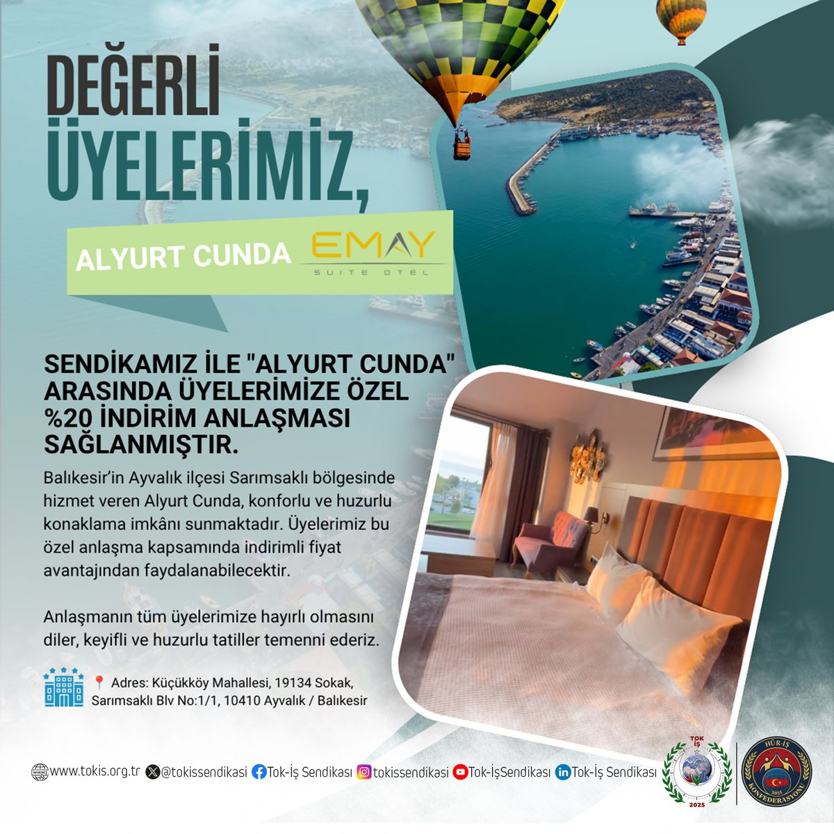 tokissendikasi's tweet photo. Değerli üyelerimiz,

Sendikamız ile "Alyurt Cunda" arasında üyelerimize özel %20 indirim anlaşması sağlanmıştır. https://t.co/pnGMGp6EL1