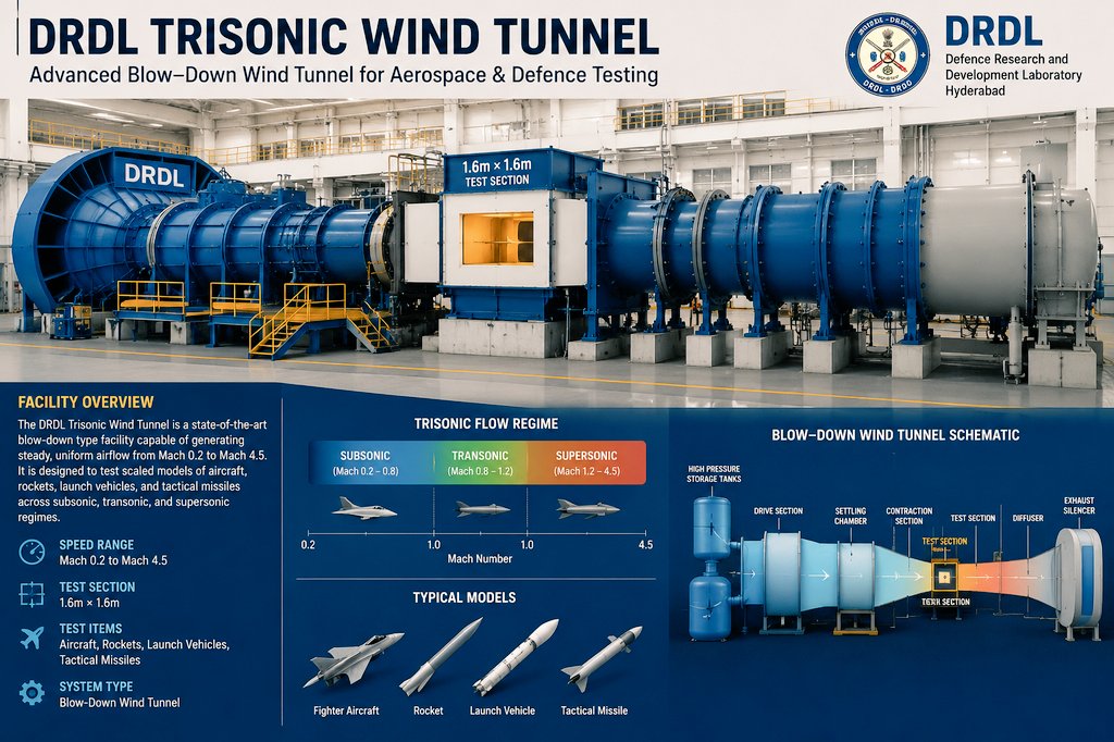 Zest328117's tweet photo. The Defence Research and Development Laboratory (#DRDL) in Hyderabad is building an advanced, blow-down type #Trisonic Wind Tunnel. This state-of-the-art facility will feature a 1.6m × 1.6m test section, operating across a Mach number range of 0.2 to 4.5, to test scaled aerospace models and tactical missiles.
Key details of the planned facility include:
👉Speed Range: Capable of generating steady, uniform airflow from 0.2 to 4.5 times the speed of sound.
👉Testing Scope: Designed to evaluate aerodynamic data for aircraft, rockets, launch vehicles, and tactical missiles.
👉System Type: Blow-down type tunnel that allows for controlled testing across subsonic, transonic, and supersonic flight regimes.
#TRISONICWINDTUNNEL
#SUBSONIC #SUPERSONIC
#DRDL #HYD #MACH